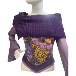 Flowers Birds Market Purple Off Shoulder Top Size L